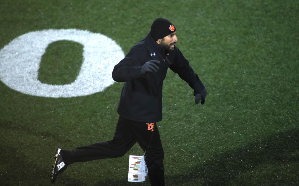 Beaver Falls Head Coach Nick Nardone celebrates after defeating Sto-Rox 54-16 in the WPIAL 2A Semifinals game Friday night at Ambridge Area High School.