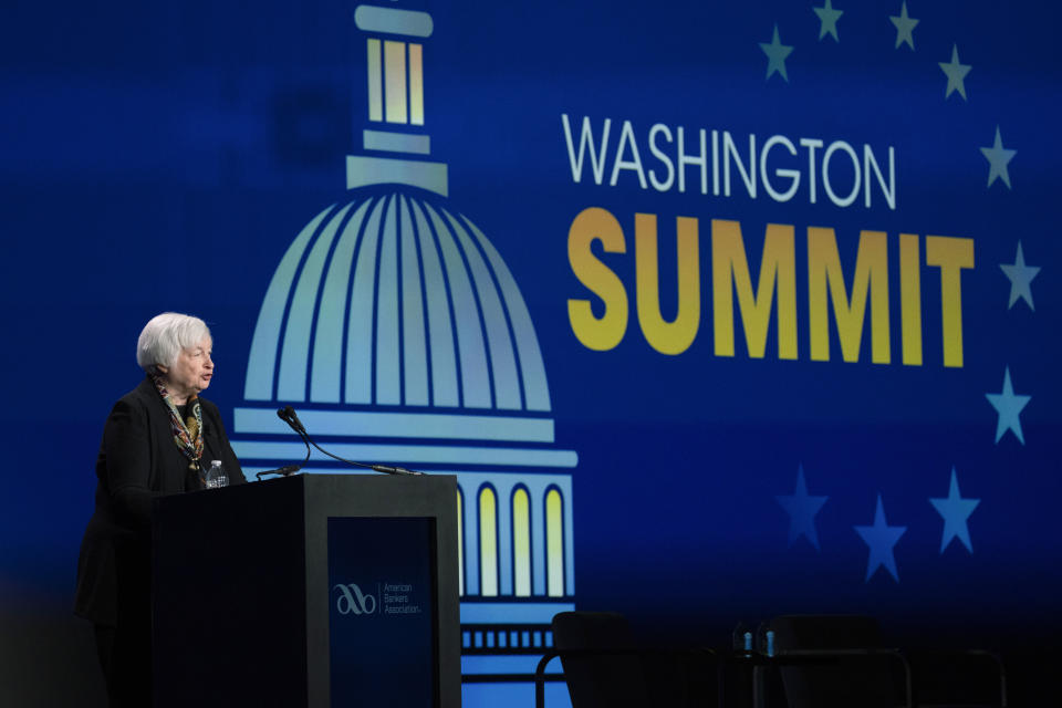 Treasury Secretary Janet Yellen speaks to the American Bankers Association, Tuesday, March 21, 2023, in Washington. (AP Photo/Manuel Balce Ceneta)