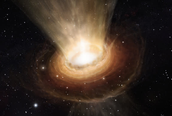 This artist’s impression shows the surroundings of the supermassive black hole at the heart of the active galaxy NGC 3783 in the southern constellation of Centaurus (The Centaur). Image released June 20, 2013.