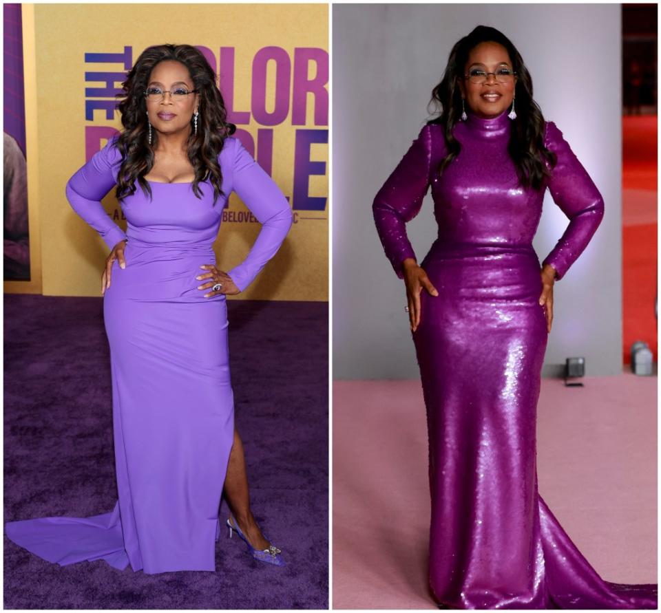 (Left to right) Oprah Winfrey attends the World Premiere of Warner Bros.’ “The Color Purple” at Academy Museum of Motion Pictures on Dec. 6, 2023, in Los Angeles, California. (Photo by Leon Bennett/Getty Images); Winfrey attends the Academy Museum of Motion Pictures 3rd Annual Gala on Dec. 3, 2023, in Los Angeles. (Photo by Emma McIntyre/Getty Images for Academy Museum of Motion Pictures )