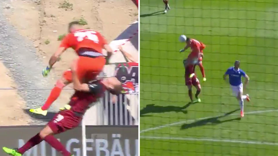 Goalkeeper Christian Mathenia and defender Patrick Erras collided in a heavy collision. (Images: Bein Sports)