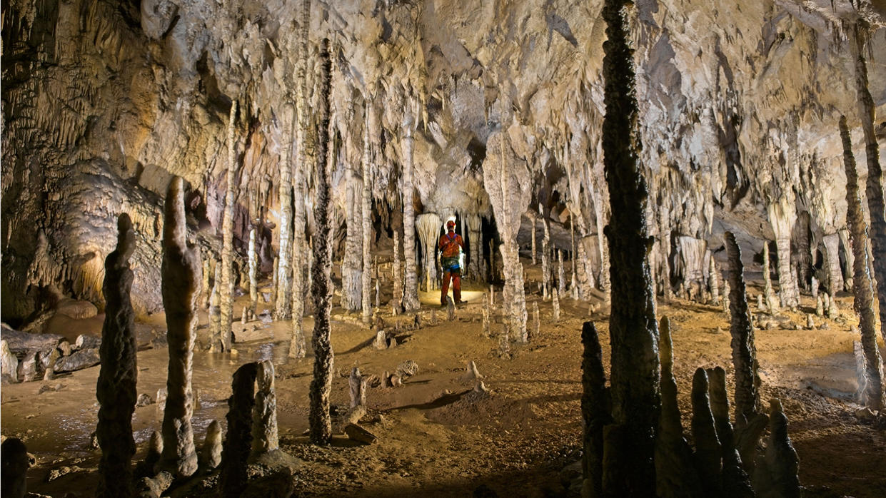  Andrew Northall at Sala de los Fantasmas (Room of the Ghosts), Coventosa Cave, Cantabria, Spain. Photographed by Sam Davis. 