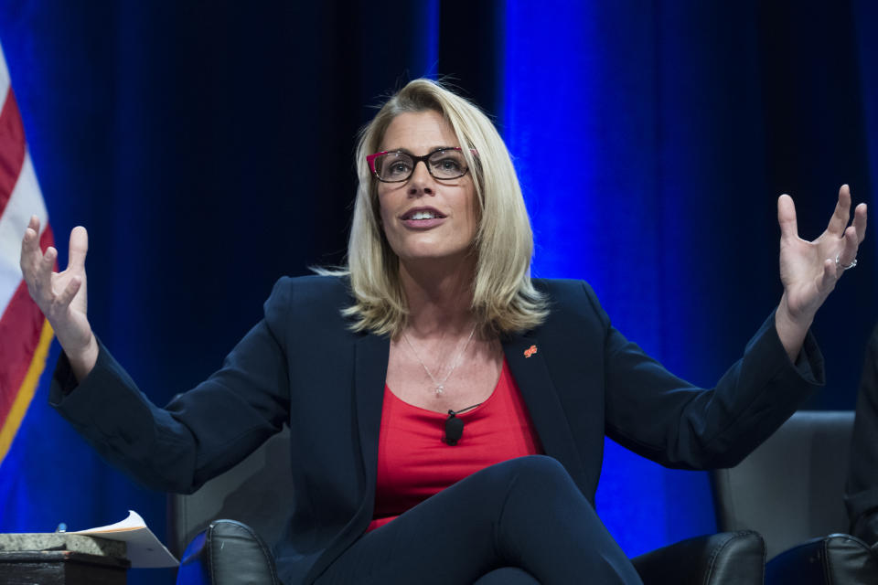 rUNITED STATES - APRIL 11: Sara Nelson, president of the Association of Flight Attendants-CWA, speaks during a panel discussion on labor at the House Democrats' 2019 Issues Conference at the Lansdowne Resort and Spa in Leesburg, Va. on Thursday, April 11, 2019. (Photo By Tom Williams/CQ Roll Call)