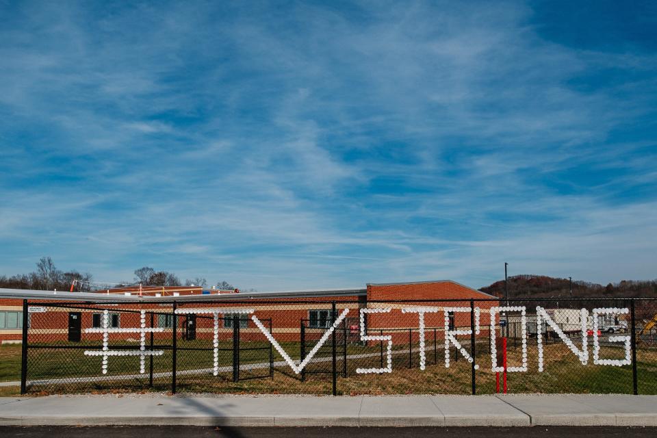 A hashtag message appears in a chain link fence, Thursday, Nov. 16 at Tuscarawas Valley Middle-High School in Zoarville.