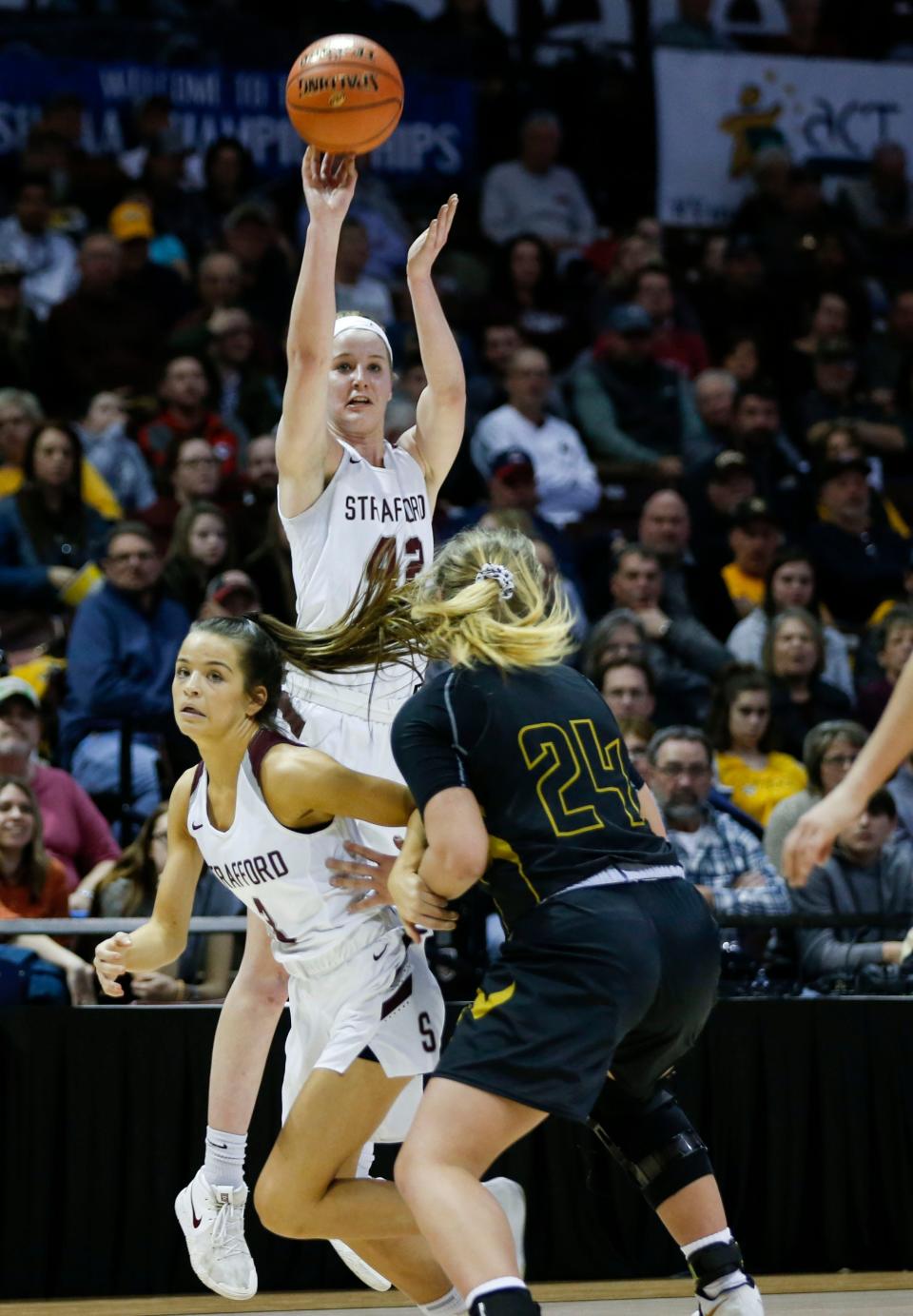 Strafford Lady Indian Hayley Frank shoots a three pointer on the Trenton Lady Bulldogs in the semifinal round during Class 3 state basketball at JQH Arena on Thursday, March 7, 2019. The Indians beat the Bulldogs 63-33.