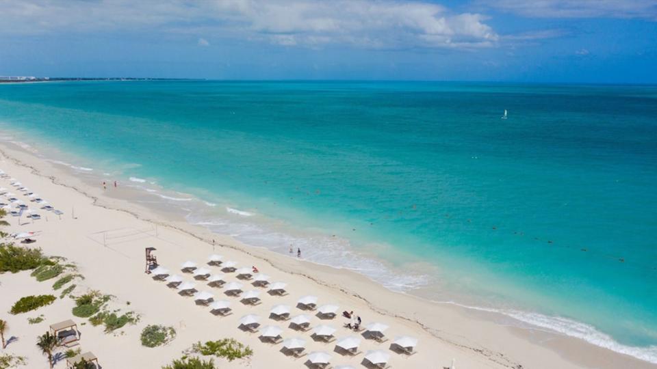 Aerial view of the beach at TRS Coral Hotel