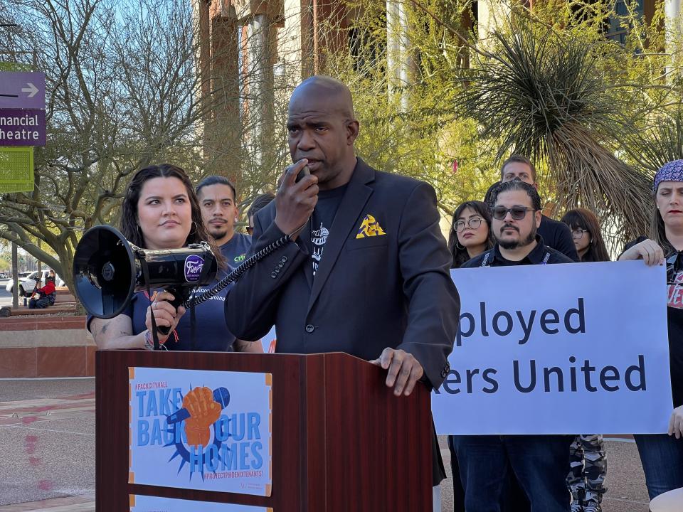 Tremikus Muhammad condemned the City Council on Feb. 1, 2023, for investing in building and maintaining structures but not "human life." He called on elected leaders to pass an ordinance protecting renters from source-of-income discrimination.