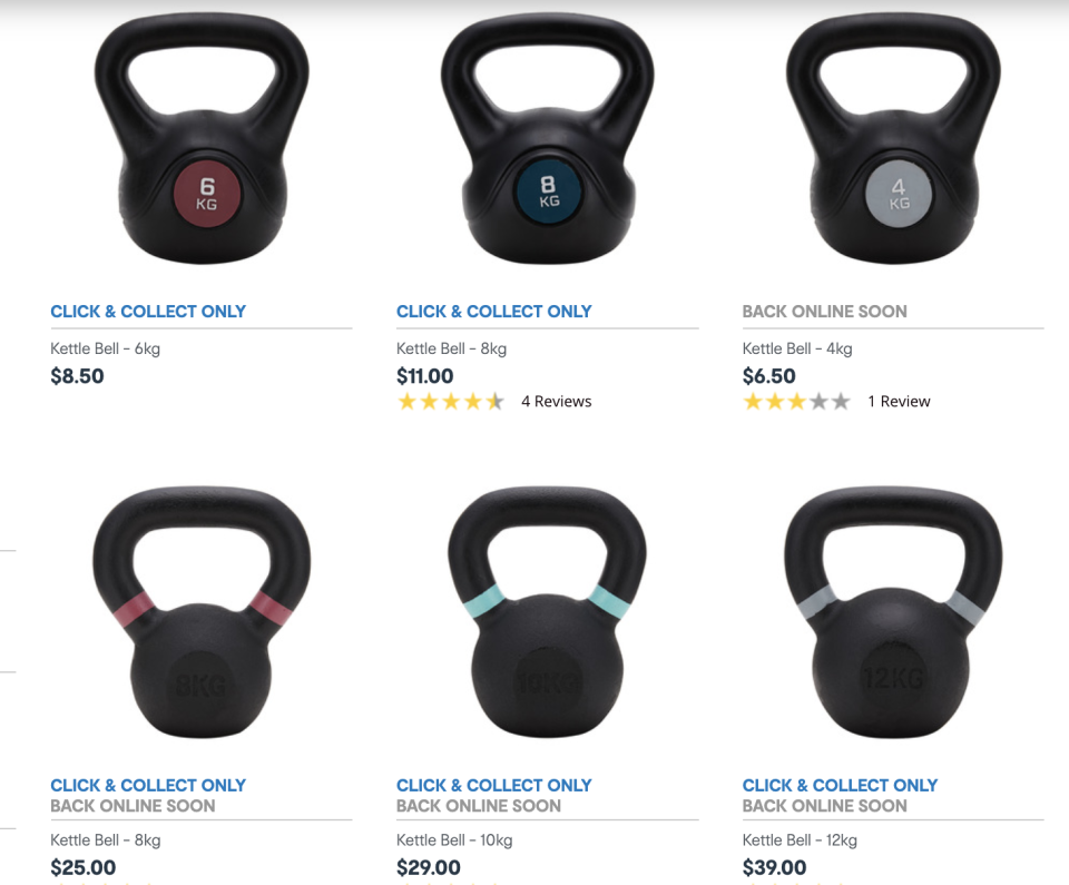 All but two of Kmart's kettle bells were sold out online. Photo: Kmart.