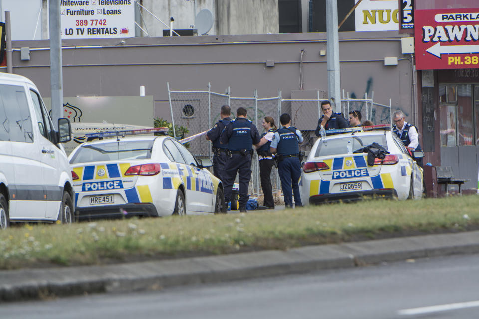 Police are seen at the Linwood Islamic Centre in Christchurch on Friday. Source: AAP