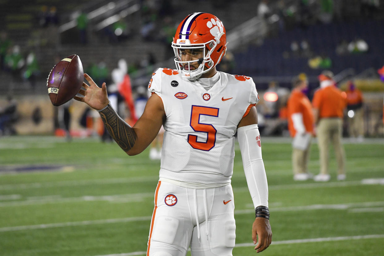 Clemson quarterback D.J. Uiagalelei (5) warms up for the team's NCAA college football game against Notre Dame on Saturday, Nov. 7, 2020, in South Bend, Ind. (Matt Cashore/Pool Photo via AP)