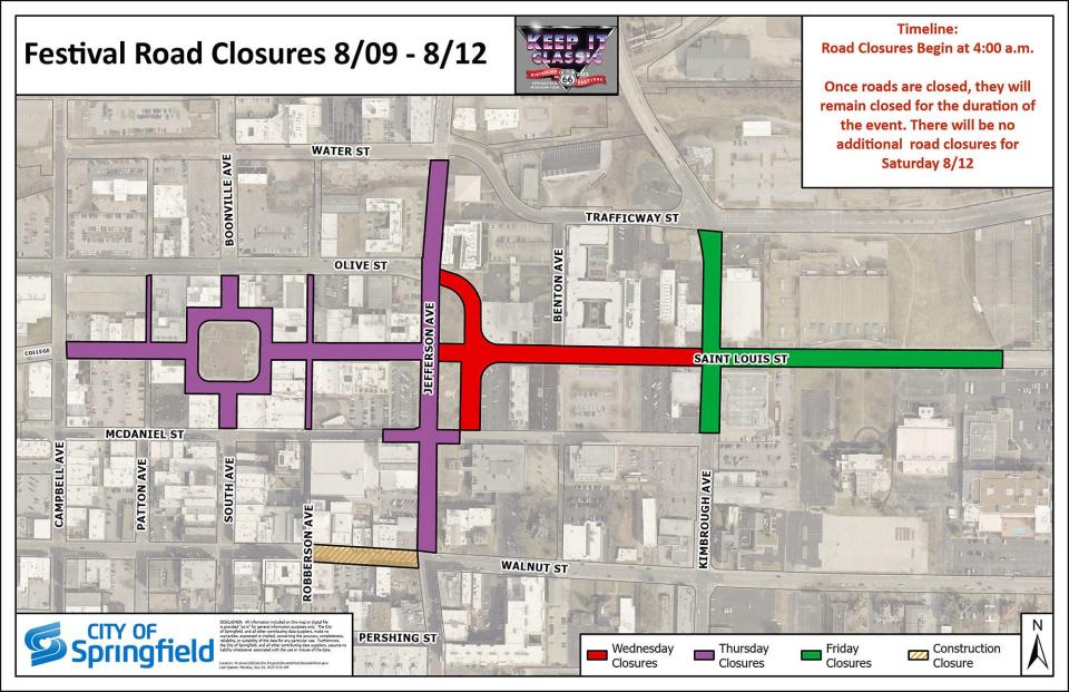 Road closures in downtown Springfield will start on Wednesday morning. This image provided by the City of Springfield shows which roads will be closed when.