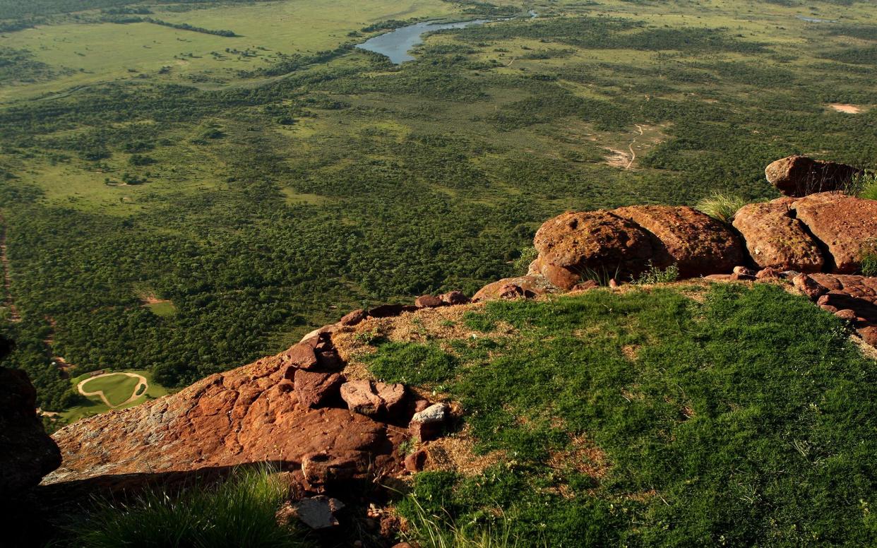 ENTABENI, SOUTH AFRICA - JANUARY 07:  A view of the Extreme 19th hole from the tee, Par 3 631m long, where the tee is at the top of Hanglip mountain and the green is the shape of Africa at the Legend Golf Course on the Entabeni Safari Reserve on January 7