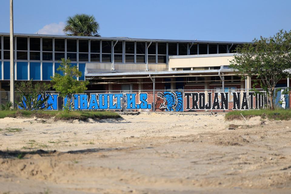 Bright signage arks the front of Jean Ribault High School in Jacksonville's Northside, a 1957-vintage school being replaced by a new Ribault financed through a half-penny sales tax voters approved in 2020. Construction will last until 2025.