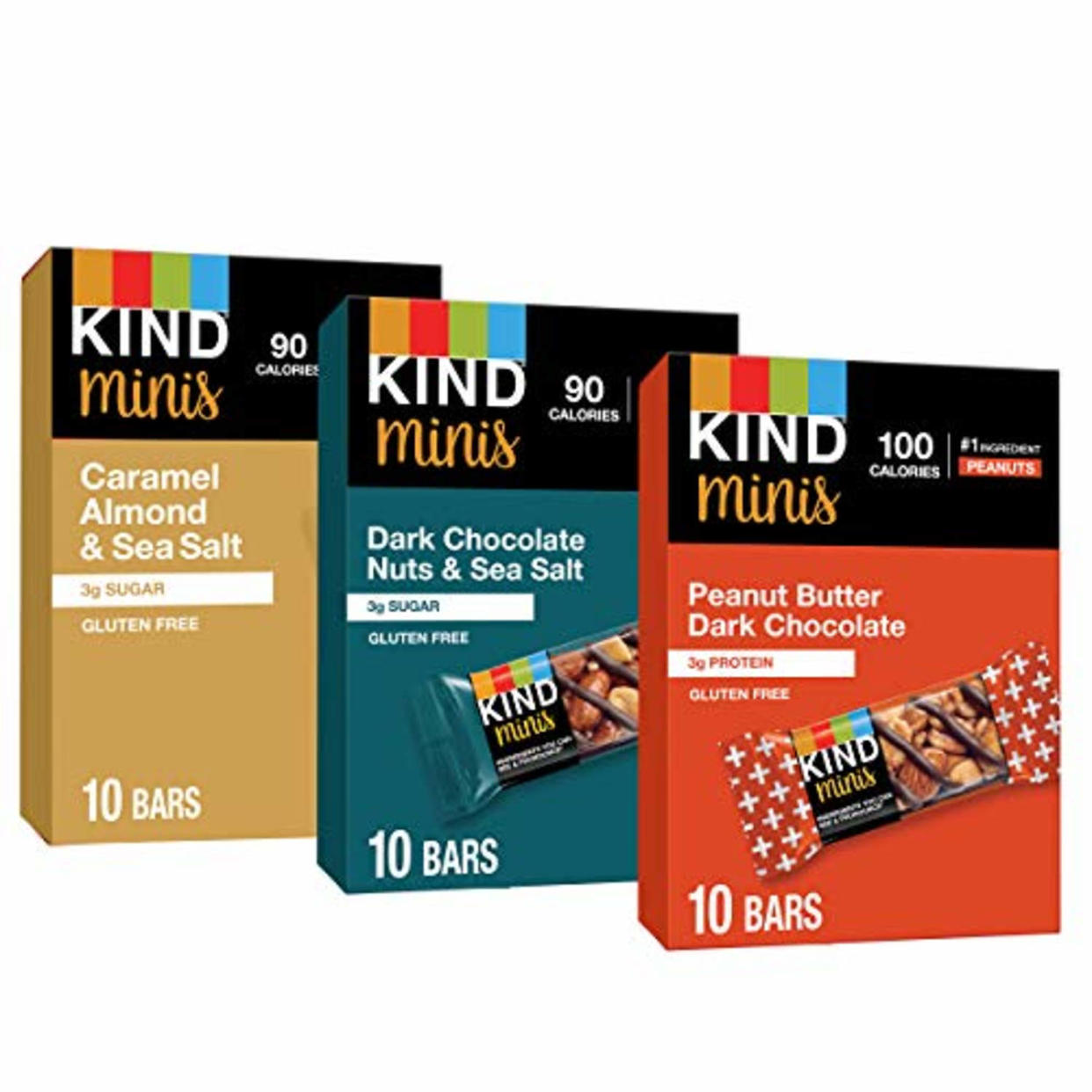 KIND Bar Minis, Variety Pack, Dark Chocolate Nuts and Sea Salt, Peanut Butter, Caramel Almond Sea Salt, Healthy Snacks, Gluten Free, Low Calorie Snacks, Low Sugar, 30 Count (AMAZON)