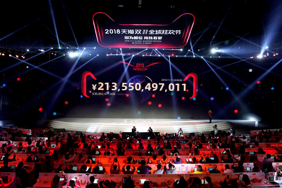 A screen shows the value of goods being transacted at Alibaba Group’s 11.11 Singles’ Day global shopping festival in Shanghai, China, November 12, 2018. REUTERS/Aly Song