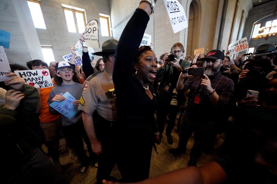 State Senator Charlane Oliver, of Nashville, participates in a rally against gun violence on Thursday, March 30, 2023, in at the State Capitol in Nashville, Tenn. The action came in the wake of the Covenant School shooting that killed six people earlier in the week.