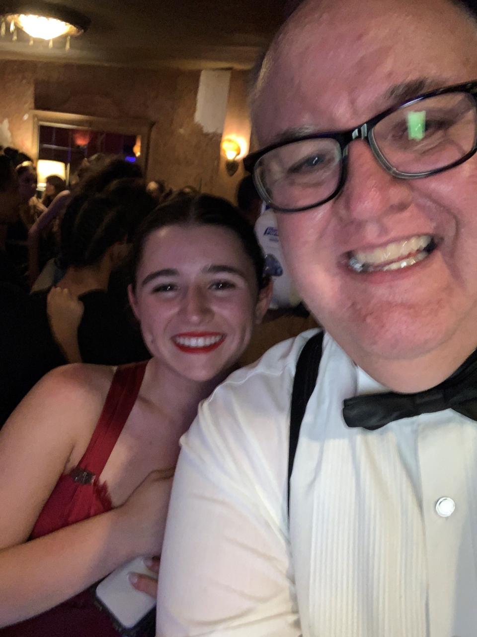 Lohud reporter Peter D. Kramer and Rye Neck's Talia Martelli take a selfie moments after Rye Neck's "Anastasia" was named outstanding overall production at the 2023 Metro Awards at Tarrytown Music Hall on June 12, 2023.