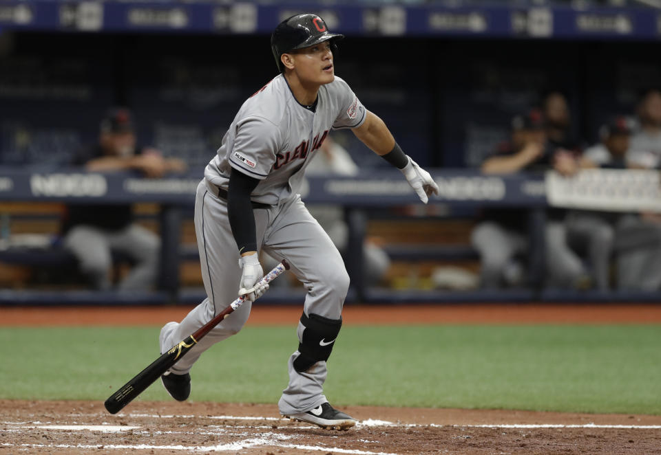 Cleveland Indians' Yu Chang flies out against the Tampa Bay Rays during the fourth inning of a baseball game Sunday, Sept. 1, 2019, in St. Petersburg, Fla. (AP Photo/Chris O'Meara)