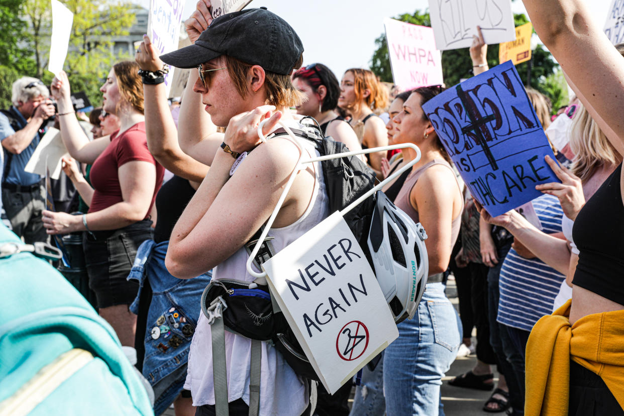 Abortion-rights supporters protest outside the Supreme Court on May 3. (Valerie Plesch for NBC News)