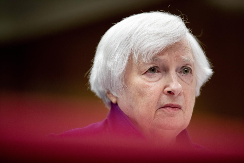 FILE - reasury Secretary Janet Yellen listens to questions from lawmakers during a Senate Appropriations Subcommittee on Financial Services and General Government hearing to examine proposed budget estimates and justification for the 2024 fiscal year at the Capitol in Washington on Wednesday, March 22, 2023. (AP Photo/Amanda Andrade-Rhoades, File)