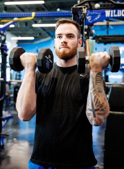 Quarterback Devin Leary works out in Kentucky’s weight room. Leary committed to UK in December and joined the football program when the spring semester began.