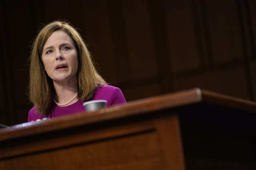 Supreme Court nominee Amy Coney Barrett speaks during a confirmation hearing before the Senate Judiciary Committee, Monday, Oct. 12, 2020, on Capitol Hill in Washington. (AP Photo/Patrick Semansky, Pool)