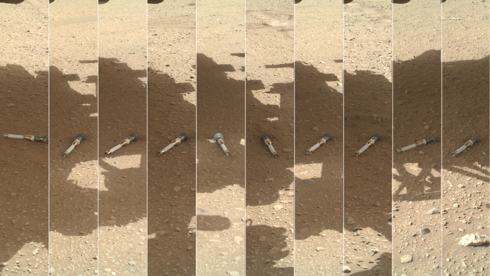 A series of images shows tubes holding samples of rock cores and regolith collected by NASA's Perseverance rover.