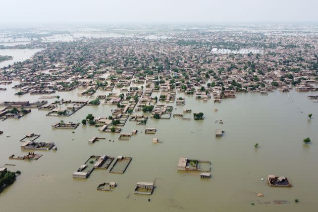 This aerial view shows a flooded residential area in Dera Allah Yar town after heavy monsoon rains in Jaffarabad district, Balochistan province, on Aug. 30.