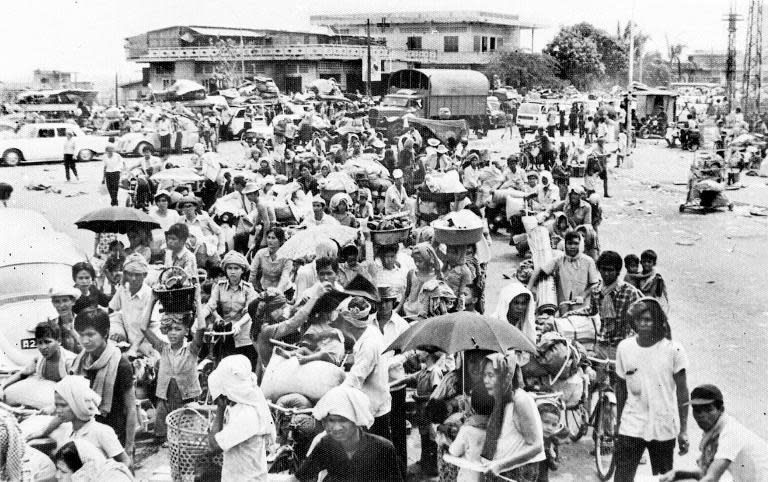 Photo taken in the days after Khmer Rouge forces seized Phnom Penh on April 17, 1975 shows Cambodians leaving in an exodus as the communist regime ordered the city's two million people to evacuate