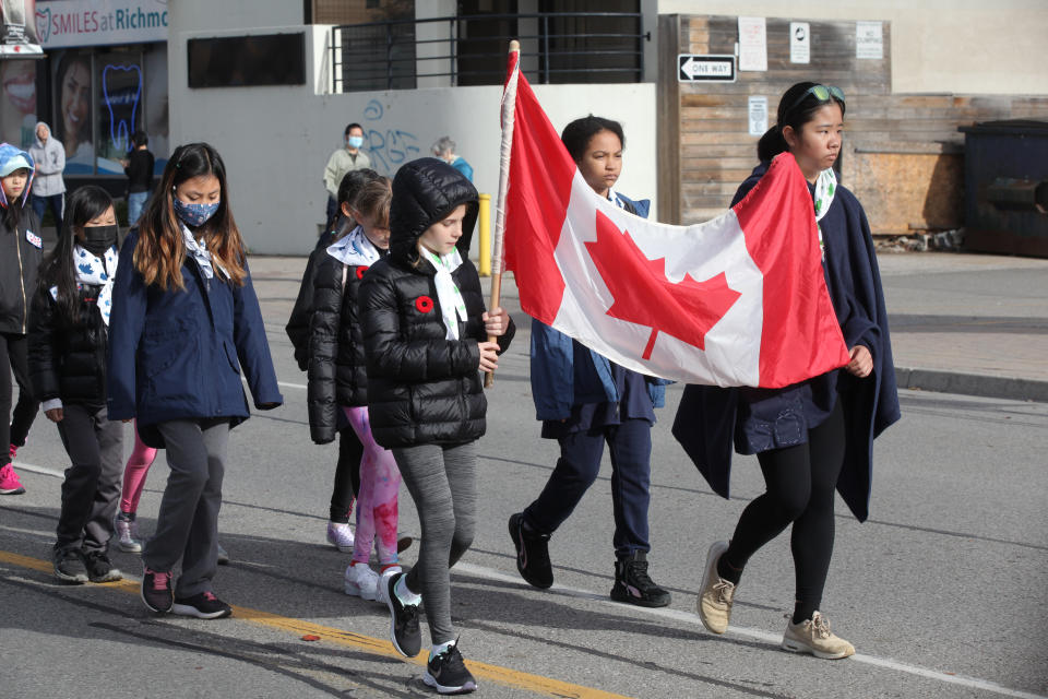 <p>Youth march during a parade as Canadians commemorate members of the military who served in past and present wars during a Remembrance Day ceremony held in Richmond Hill, Ontario, Canada, on November 6, 2022. (Photo by Creative Touch Imaging Ltd./NurPhoto via Getty Images)</p> 