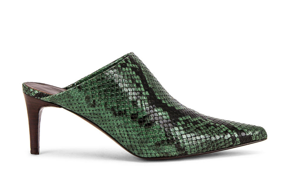 snakeskin mules, pandemic heels, leather mules 