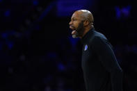 Orlando Magic's Jamahl Mosley yells to his team during the first half of an NBA basketball game against the Philadelphia 76ers, Monday, Nov. 29, 2021, in Philadelphia. (AP Photo/Matt Slocum)