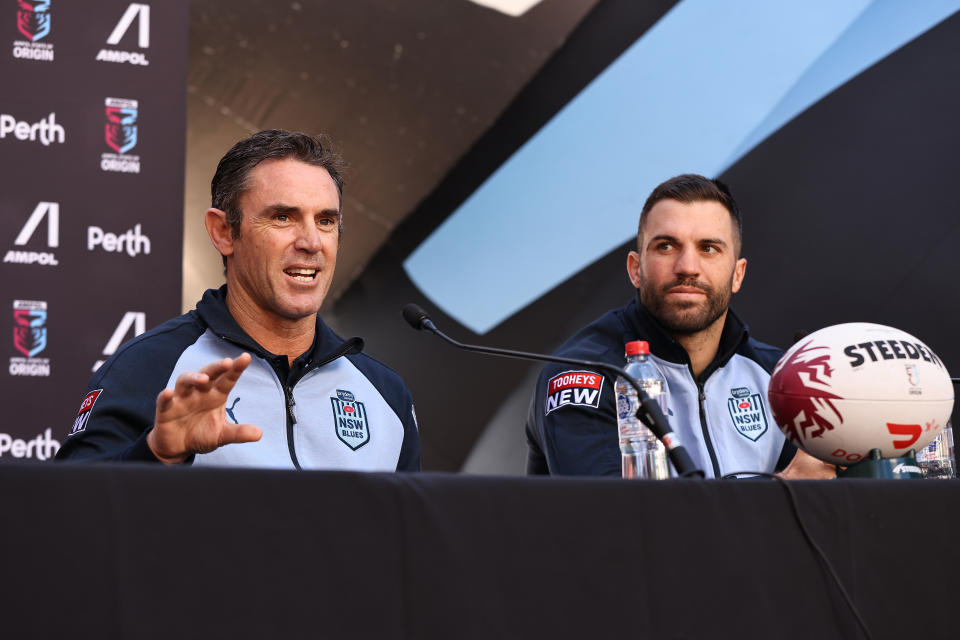 NSW Brad Fittler (pictured left) speaking at a media conference.