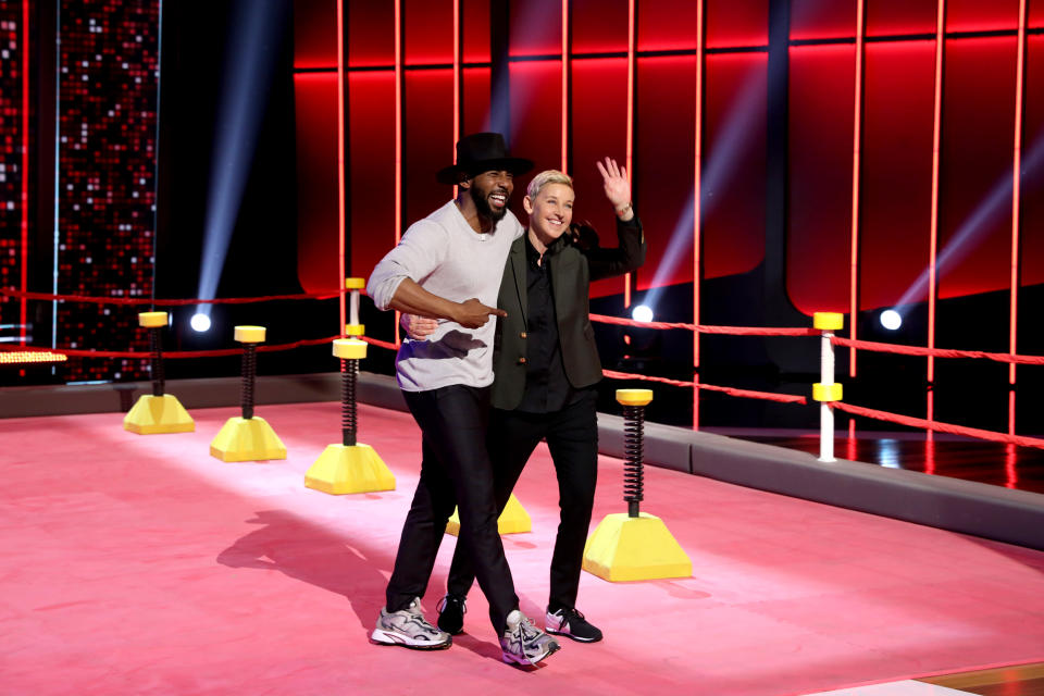 ELLEN'S GAME OF GAMES -- "Ain't No Mt. Saint Ellen High Enough" Episode 313 -- Pictured: (l-r) Stephen "tWitch" Boss, Ellen DeGeneres -- (Photo by: Mike Rozman/Warner Brothers/NBC/NBCU Photo Bank via Getty Images)