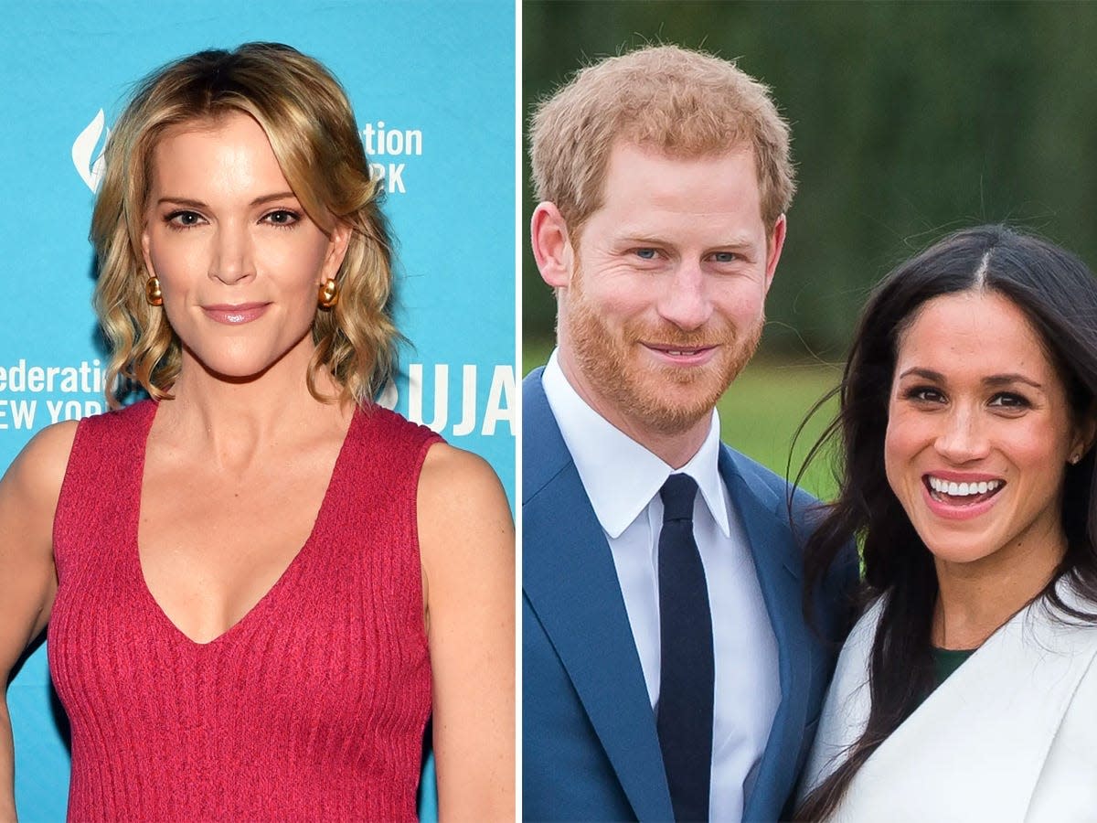 A side-by-side of Megyn Kelly and Prince Harry and Meghan Markle.