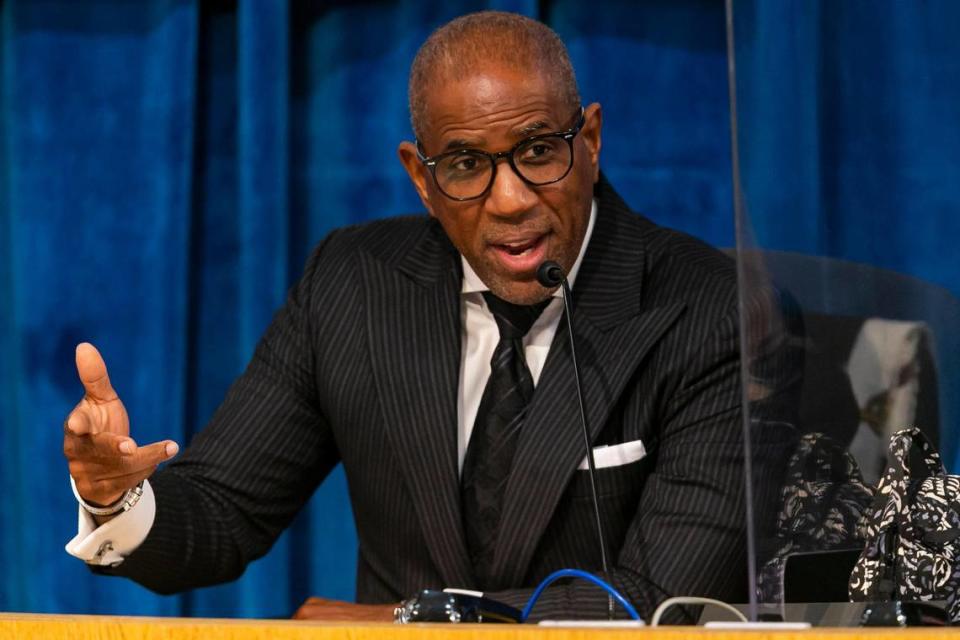 Miami-Dade School Board Vice Chair Dr. Steve Gallon III speaks during a special meeting held at the board’s headquarters in downtown Miami, Florida, on Tuesday, Jan. 18, 2022. The meeting, which was held to decide Superintendent Alberto Carvalho’s replacement, concluded with three candidates being narrowed from the initial 16 pool of applicants.