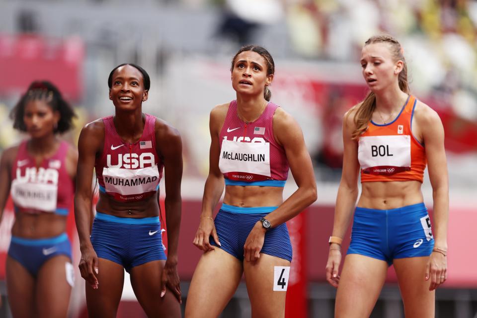 Silver medalist Dalilah Muhammad of Team United States, gold medalist Sydney McLaughlin of Team United States and bronze medalist Femke Bol of Team Netherlands (Getty)