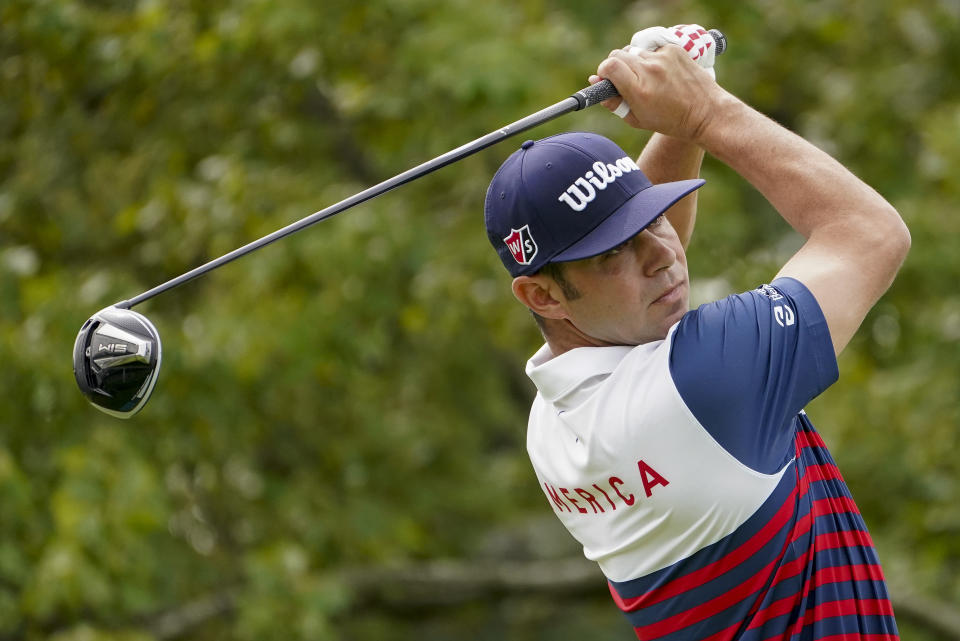 Gary Woodland, of the United States, plays his shot from the second tee during the first round of the US Open Golf Championship, Thursday, Sept. 17, 2020, in Mamaroneck, N.Y. (AP Photo/John Minchillo)