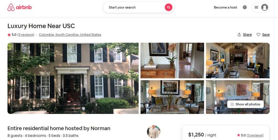 This screenshot shows an AirBnB rental in the Columbia area.