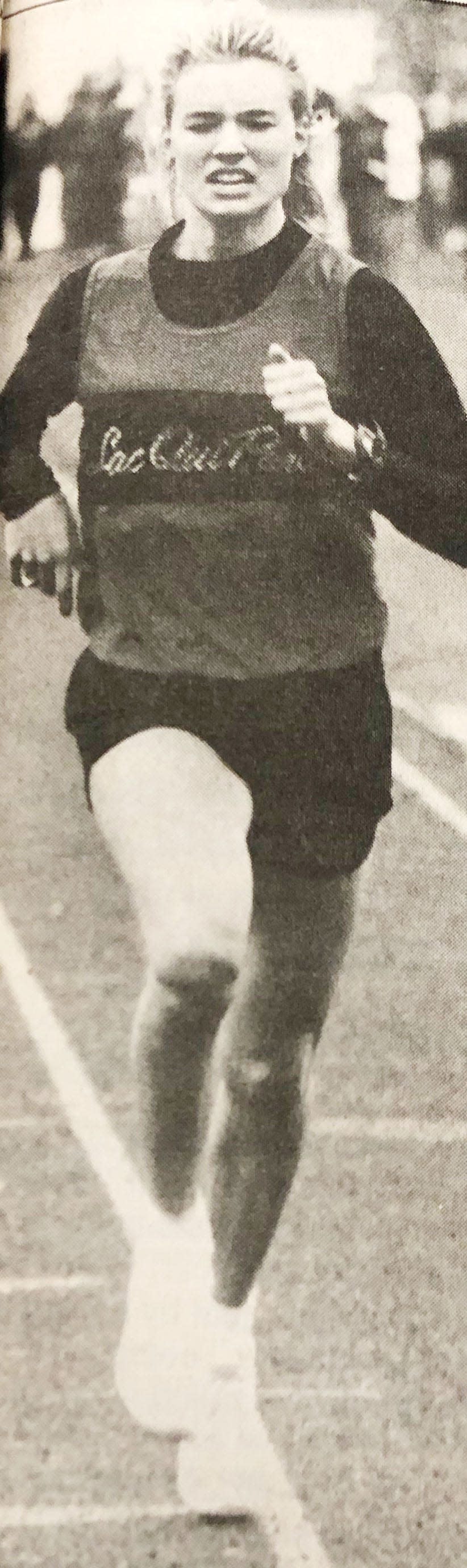 Dawson (Minn.) native Carrie Tollefson, shown competing in the 1995 Watoma Relays track and field, was a five-time Minnesota state Class A girls cross country champion and eventual U.S. Olympian.