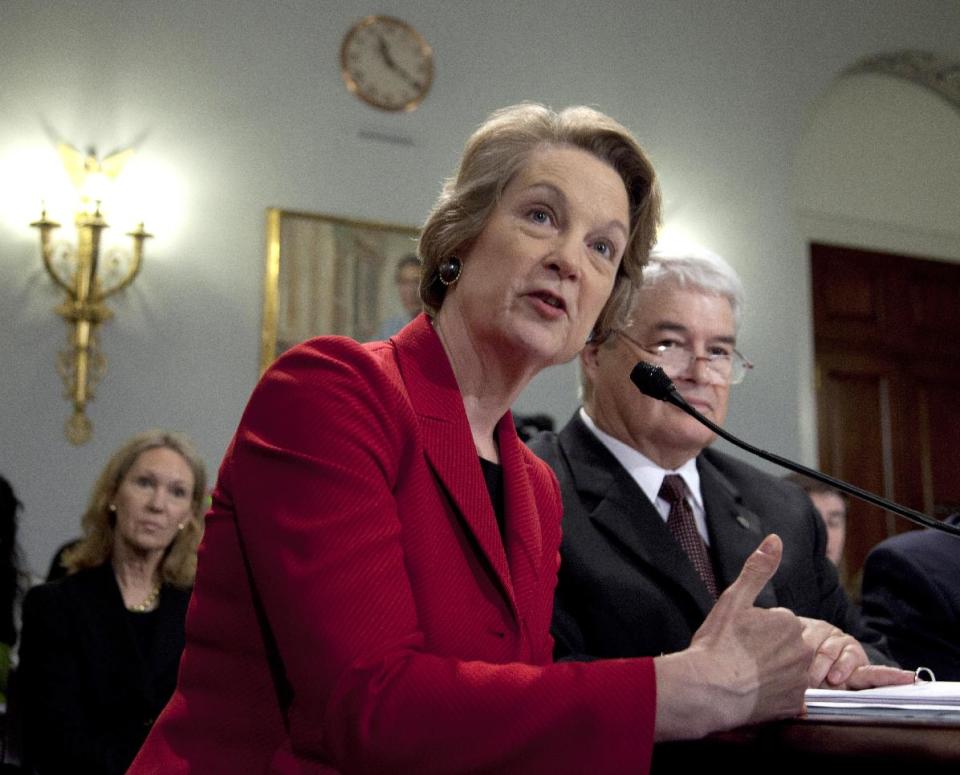 Susan Eisenhower, granddaughter of President Dwight D. Eisenhower, testifies on Capitol Hill in Washington, Tuesday, March 20, 2012, before the House National Parks, Forest and Public Lands subcommittee hearing on the proposed design of the Dwight D. Eisenhower Memorial on the National Mall. (AP Photo/Carolyn Kaster)