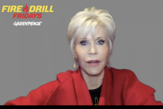 Jane Fonda speaks to supporters at first virtual rally for Friday Drill Fridays (Facebook/Fire Drill Fridays )