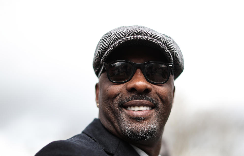 Actor Idris Elba arrives during day four of the Cheltenham Festival 2023 at Cheltenham Racecourse on March 17, 2023 in Cheltenham, England.