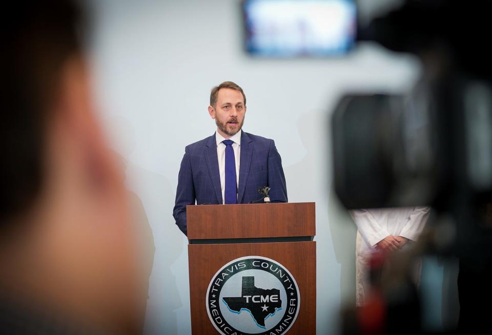 Travis County Judge Andy Brown speaks during a press conference this week about deaths in Travis County from fentanyl-related overdoses. Fentanyl-related overdoses, for the second year in a row, are the leading cause of accidental deaths in Travis County.