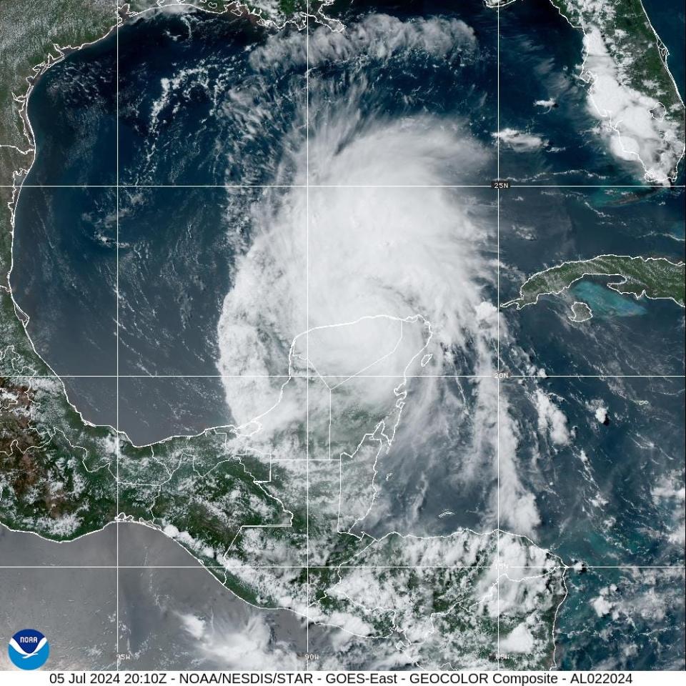 Beryl on NOAA satellite on the afternoon of July 5, 2024, after being downgraded by the National Hurricane Center to a tropical storm with maximum sustained winds of 70 mph.