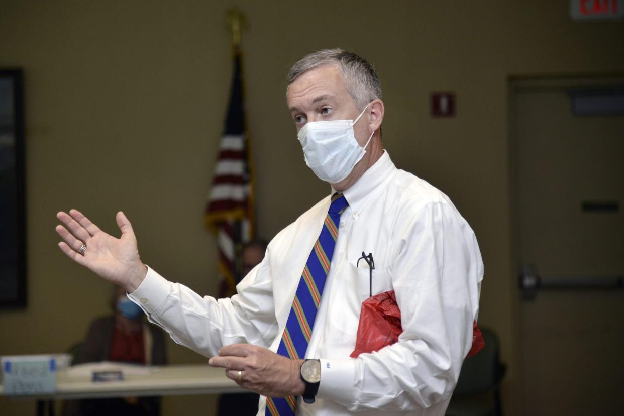 Tennessee Secretary of State Tre Hargett comments on coronavirus guidelines as they apply to election polling sites, Friday, July 24, 2020, in Maryville Tenn. Hargett visited the Blount County Public Library to check on polling site procedures. (Scott Keller/The Daily Times via AP)