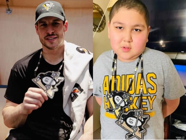 Dian Green, right, is battling his third bout of cancer and was able to virtually meet his lifelong hockey hero Sidney Crosby earlier in April. His family gifted a beaded medallion to the hockey player. (Pittsburgh Penguins/Rachel Green - image credit)