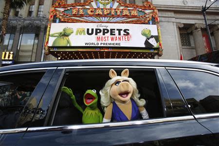 The characters of Kermit and Miss Piggy arrive at the premiere of "Muppets Most Wanted" in Hollywood, California in this file photo taken March 11, 2014. REUTERS/Mario Anzuoni/Files