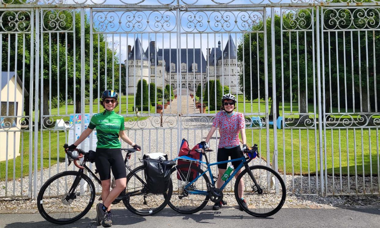 <span>Laura Laker (left) and friend Claire Webb on day one of cycling the French part of Avenue Verte, outside the gates of Mesnières Château.</span><span>Photograph: Laura Laker</span>