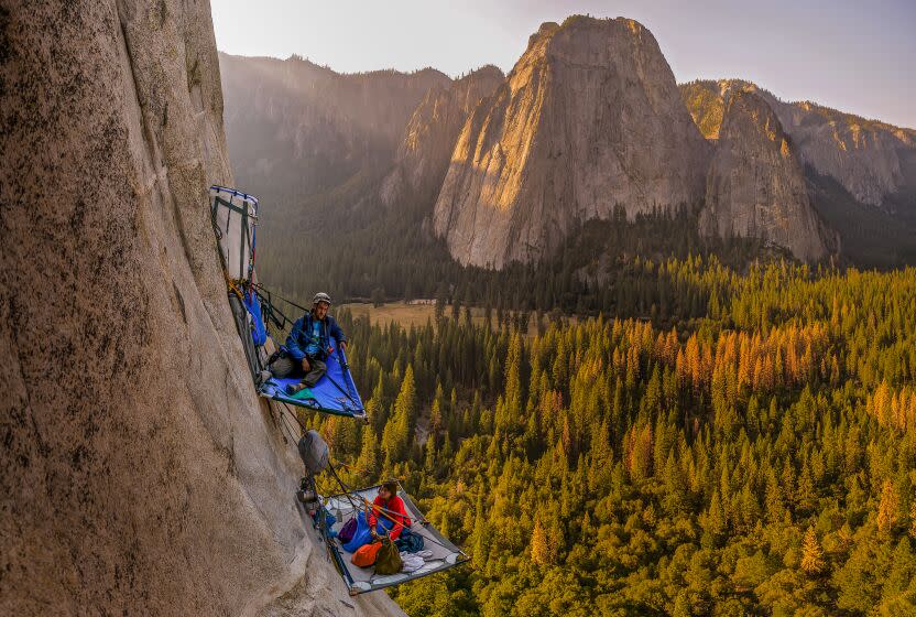 Two rock climbers on El Capitan in the Yosemite Valley. A plan to manage big-wall rock climbing in Yosemite National Park has been finalized. <span class="copyright">(Alex Eggermont / Getty Images)</span>